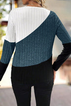 Colorblock Rib Knit Asymmetrical V Neck Long Sleeve T-Shirt
