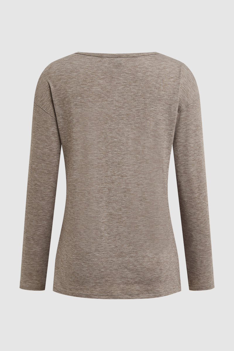 Asymmetrical Button Decor V Neck Long Sleeve T-Shirt