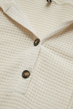 Waffle Knit Half Button Placket Drawstring Hooded Long Sleeve T-Shirt