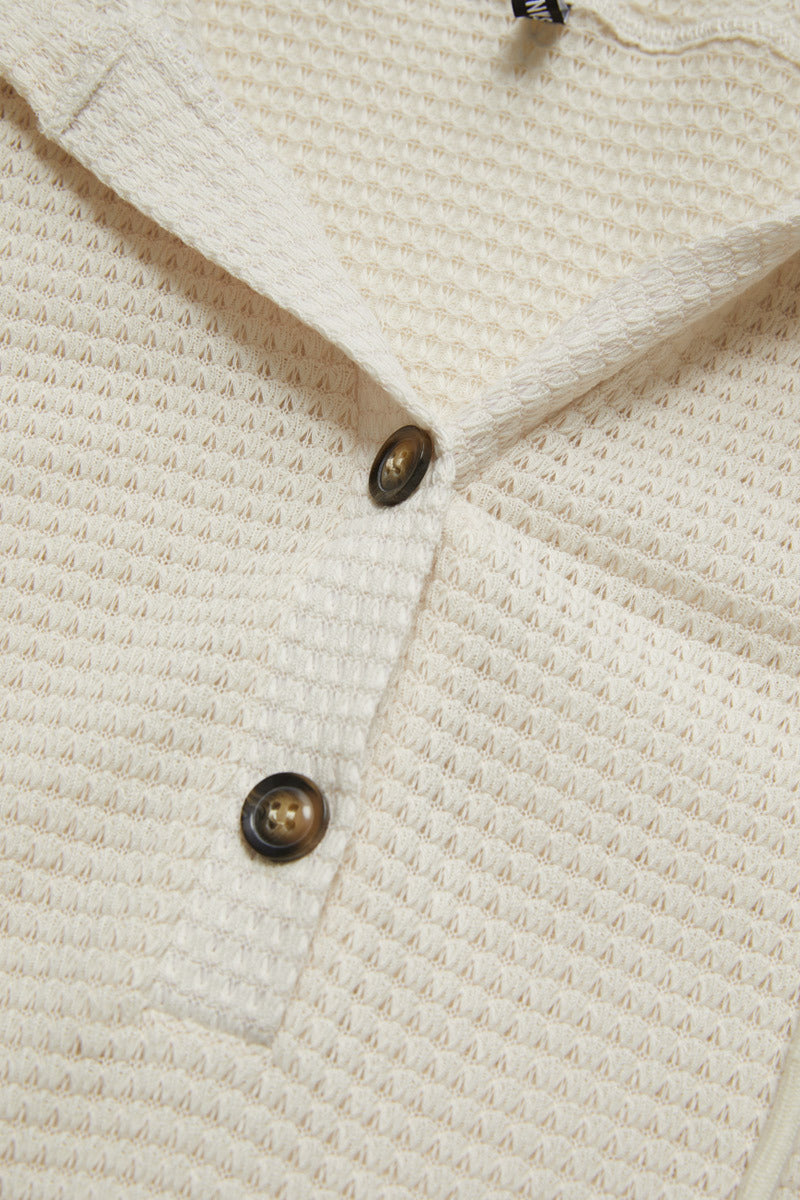 Waffle Knit Half Button Placket Drawstring Hooded Long Sleeve T-Shirt