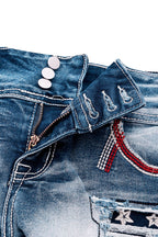 American Flag Patched Button Fly Cut Out Denim Shorts