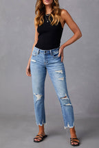 Wash Ripped Raw Hem Mid Rise Crop Jeans