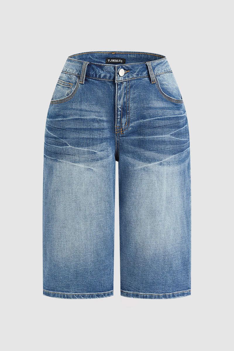 Wash High Waist Denim Bermuda Shorts Without Belt