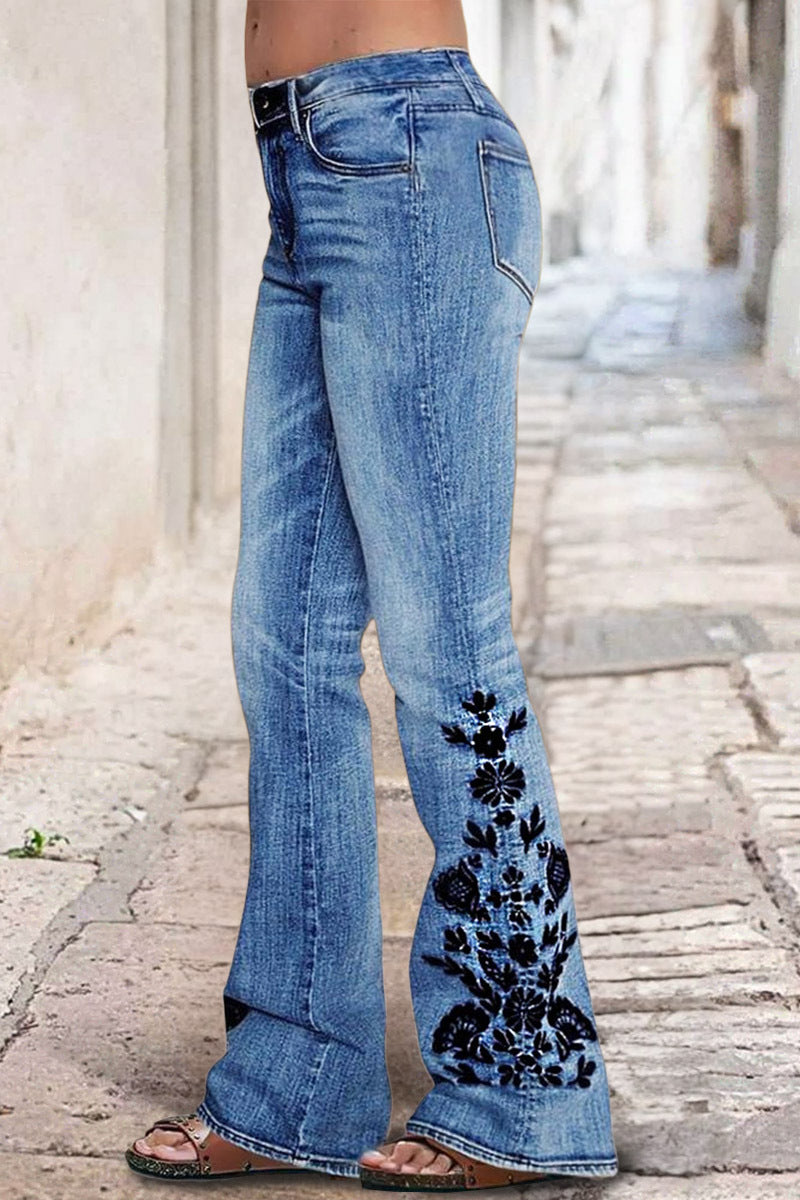 Floral Embroidery Wash Mid Waist Bootcut Jeans
