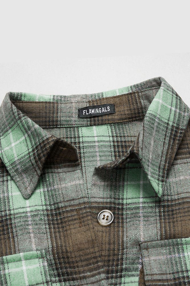 Plaid Pattern Flap Pocket Button Front Asymmetrical Hem Shirt