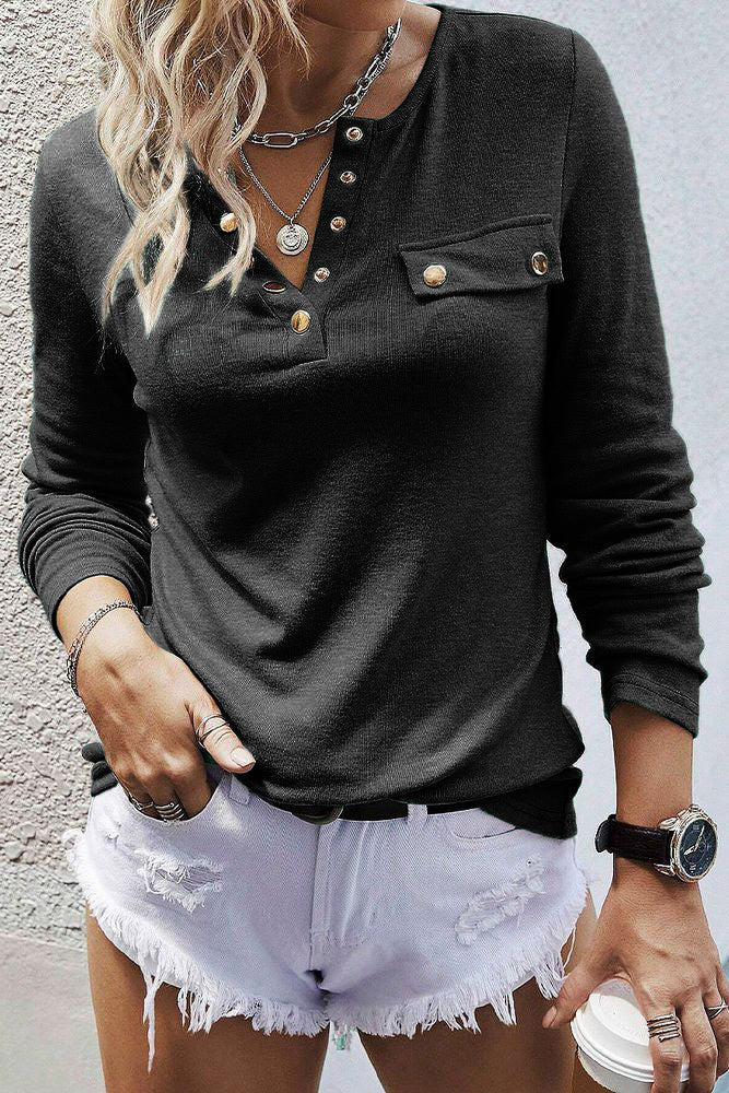 Solid Button Front Round Neck Long Sleeve T-Shirt