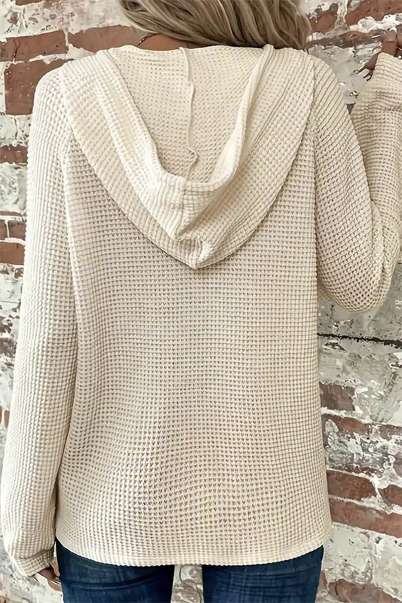 Waffle Knit Half Button Placket Drawstring Hooded Long Sleeve T-Shirt