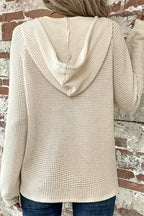 Waffle Knit Half Button Placket Drawstring Hooded Long Sleeve T-Shirt