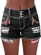 American Flag Patched Button Fly Cut Out Denim Shorts