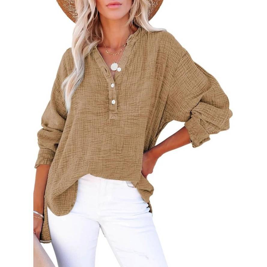 Womens Casual Button V Neck Long Sleeve Shirts Oversized Solid Blouses Tops