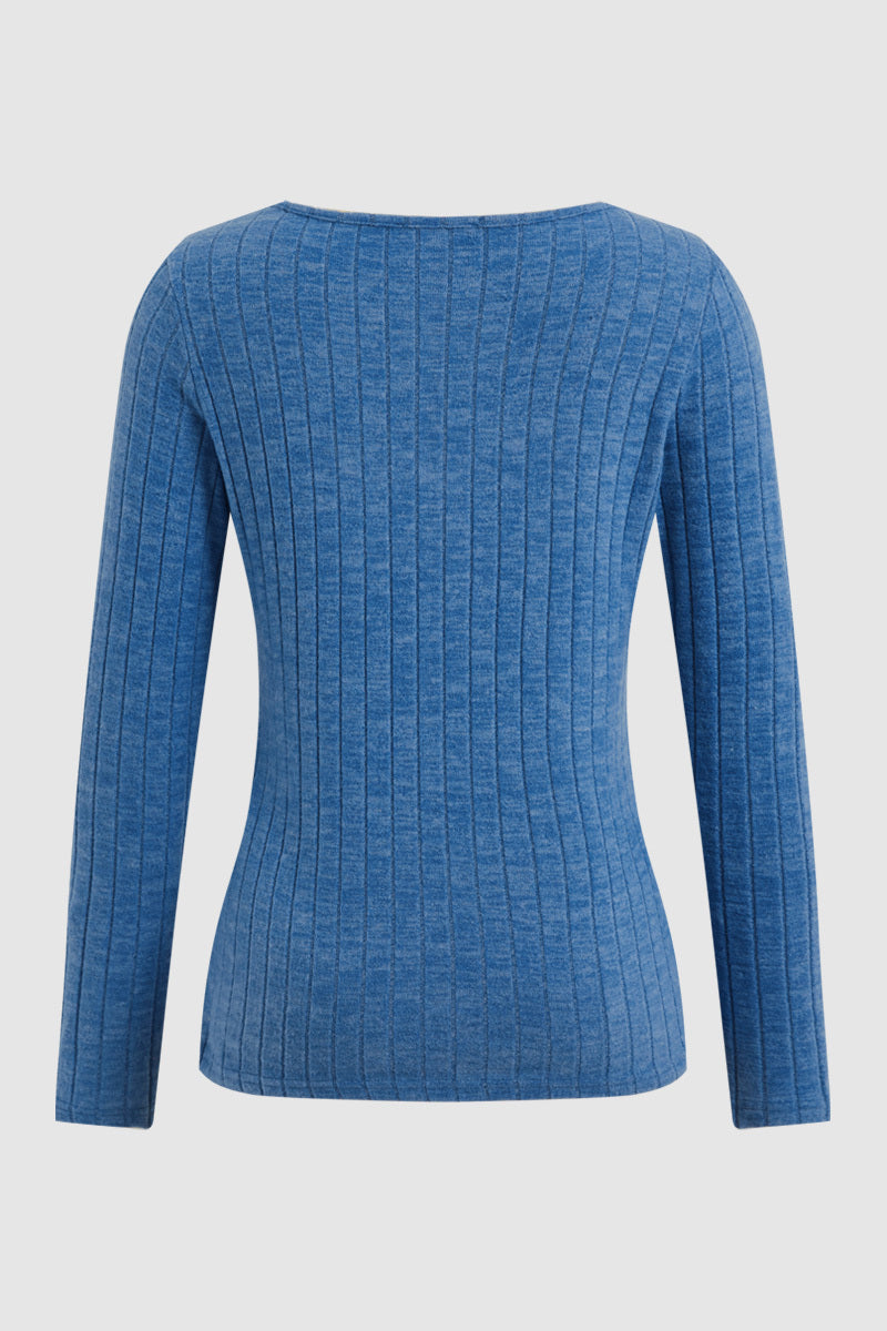 Rib Knit Asymmetrical Button Decor V Neck Long Sleeve T-Shirt