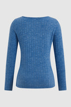 Rib Knit Asymmetrical Button Decor V Neck Long Sleeve T-Shirt