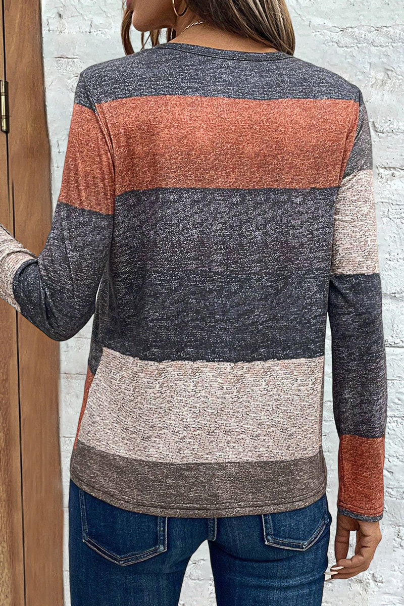 Colorblock Button Decor Notched Neck Long Sleeve T-Shirt