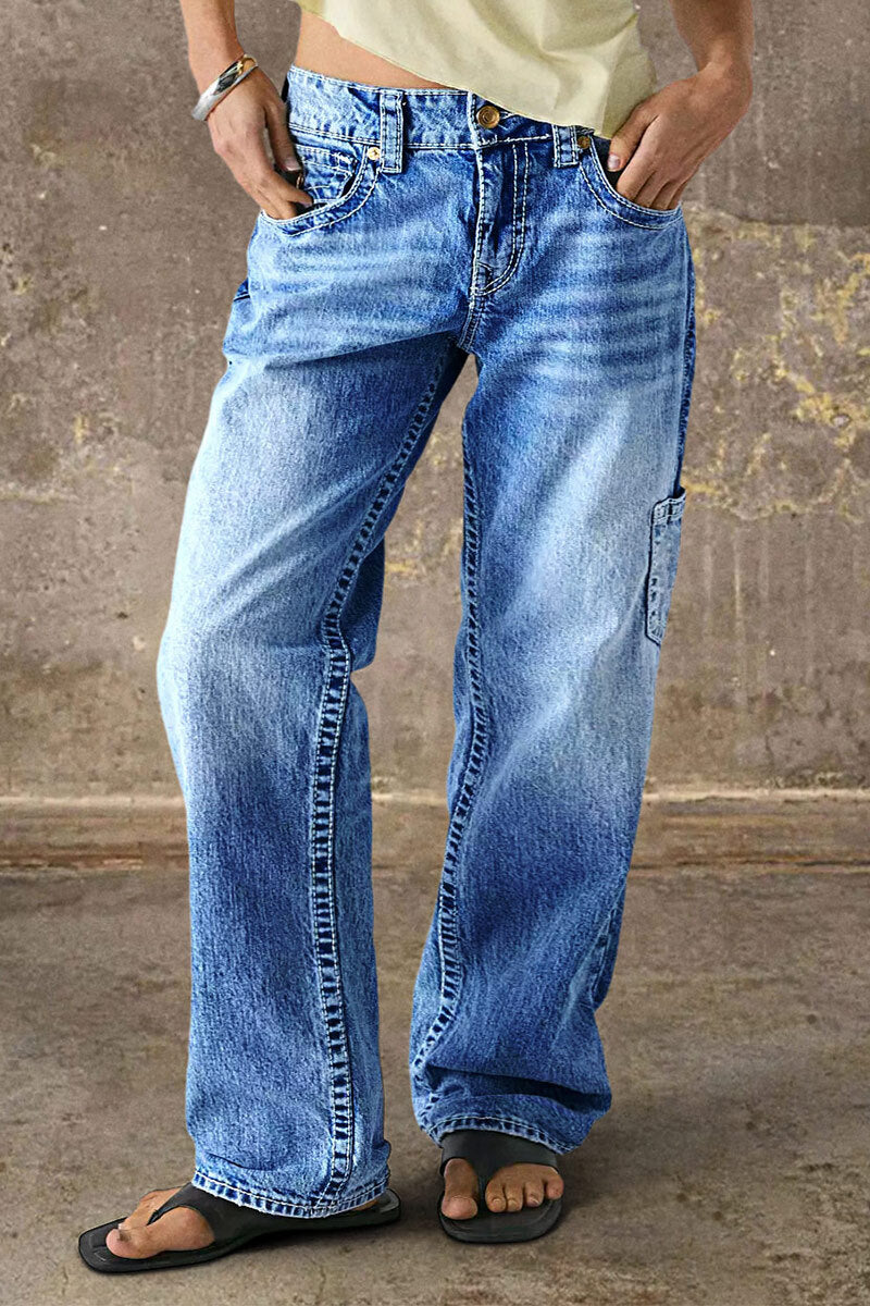 Wash Multi Pocket Mid Rise Straight Leg Jeans