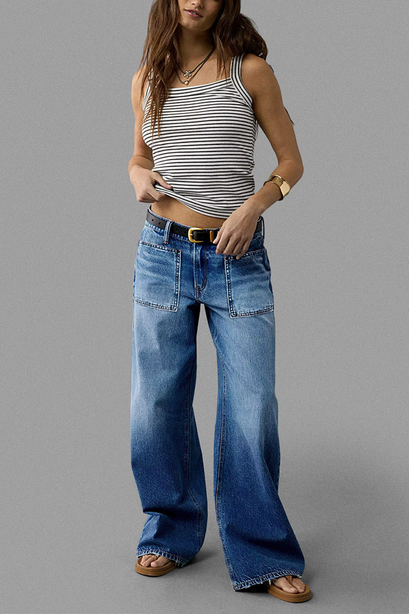 Wash Patch Pocket Raw Hem Mid Rise Straight Leg Jeans Without Belt