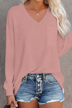 Solid Split Pocket Front V Neck Gathered Sleeve T-Shirt