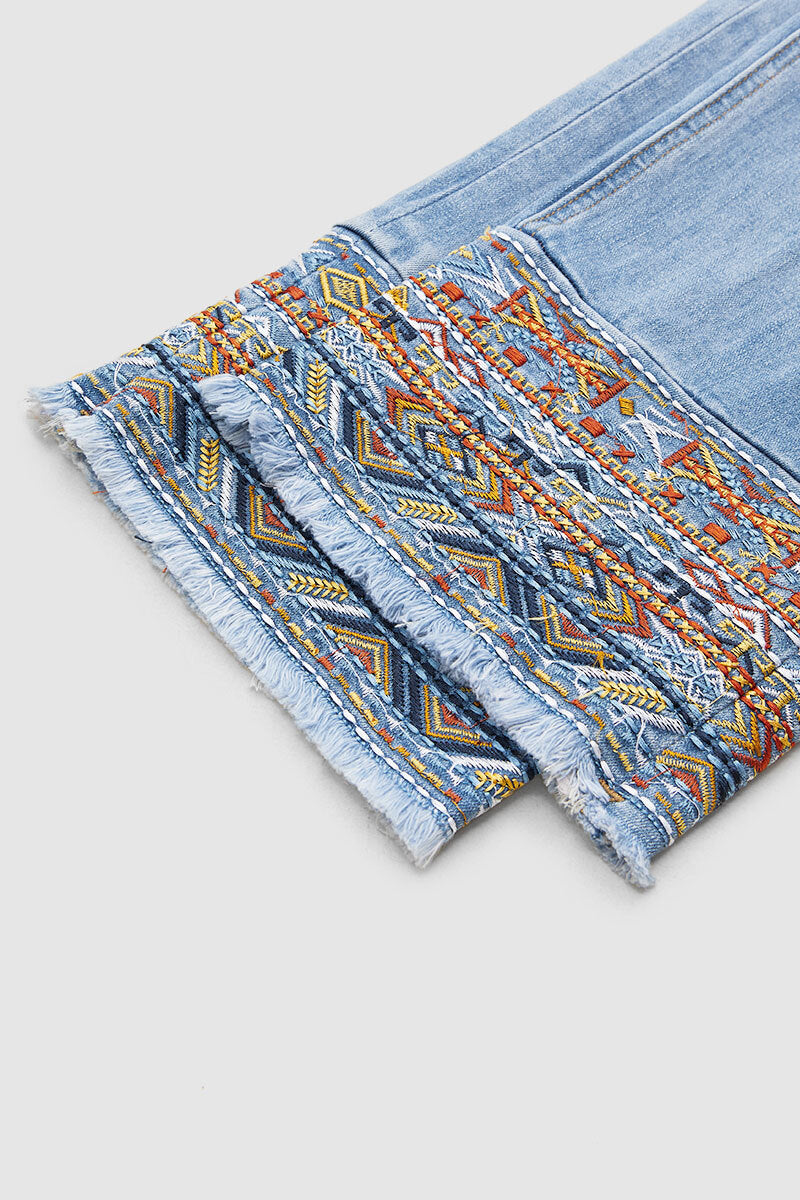 Tribal Embroidery Raw Hem Mid Rise Straight Leg Crop Jeans