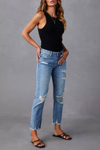 Wash Ripped Raw Hem Mid Rise Crop Jeans