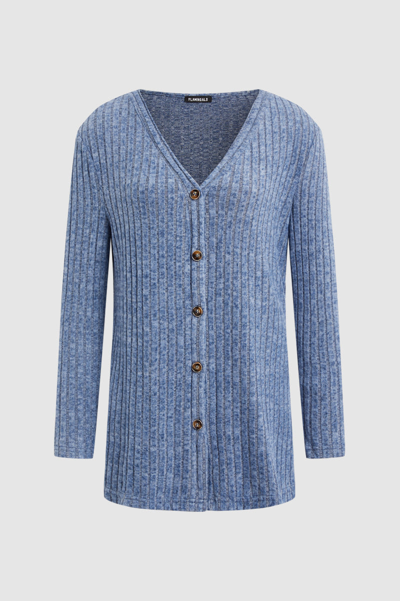 Solid Ribbed Split Side Button Up Long Sleeve Cardigan