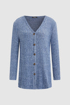 Solid Ribbed Split Side Button Up Long Sleeve Cardigan