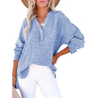 Womens Casual Button V Neck Long Sleeve Shirts Oversized Solid Blouses Tops