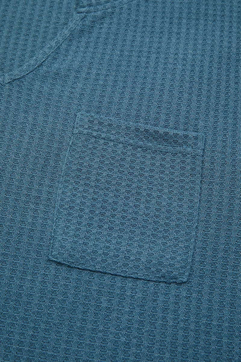 Waffle Knit Pocket Front Notched Neck Long Sleeve T-Shirt