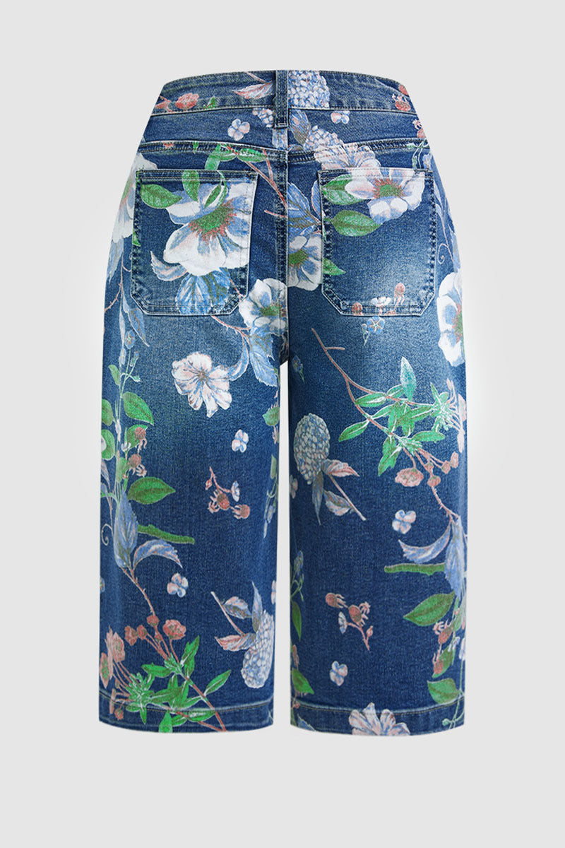 Allover Floral Print Patch Pocket High Rise Straight Leg Capri Jeans