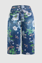 Allover Floral Print Patch Pocket High Rise Straight Leg Capri Jeans