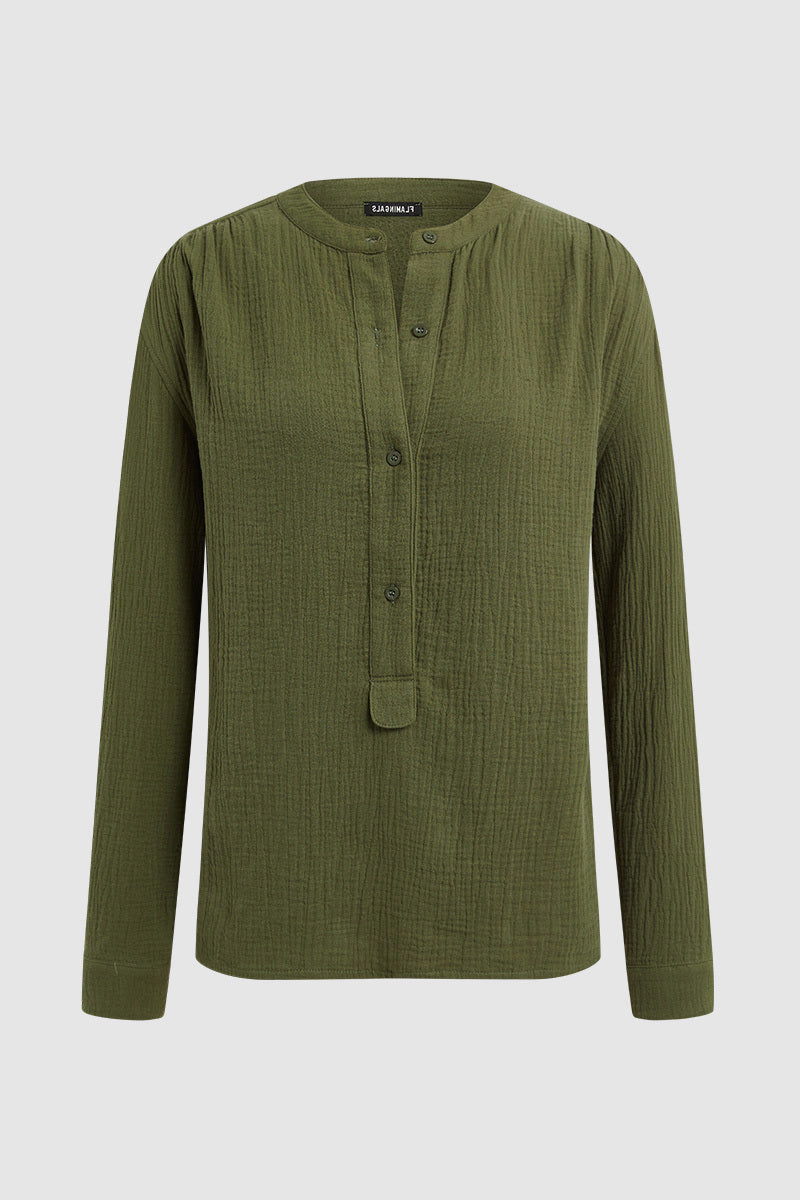 Solid Button Front High Neck Long Sleeve Blouse