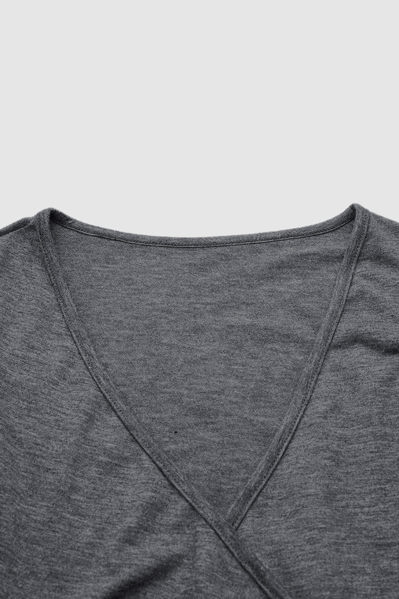 Solid Wrap Ruched V Neck Long Sleeve T-Shirt