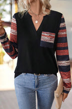 Striped Patch Pocket Notched Neck Long Sleeve T-Shirt