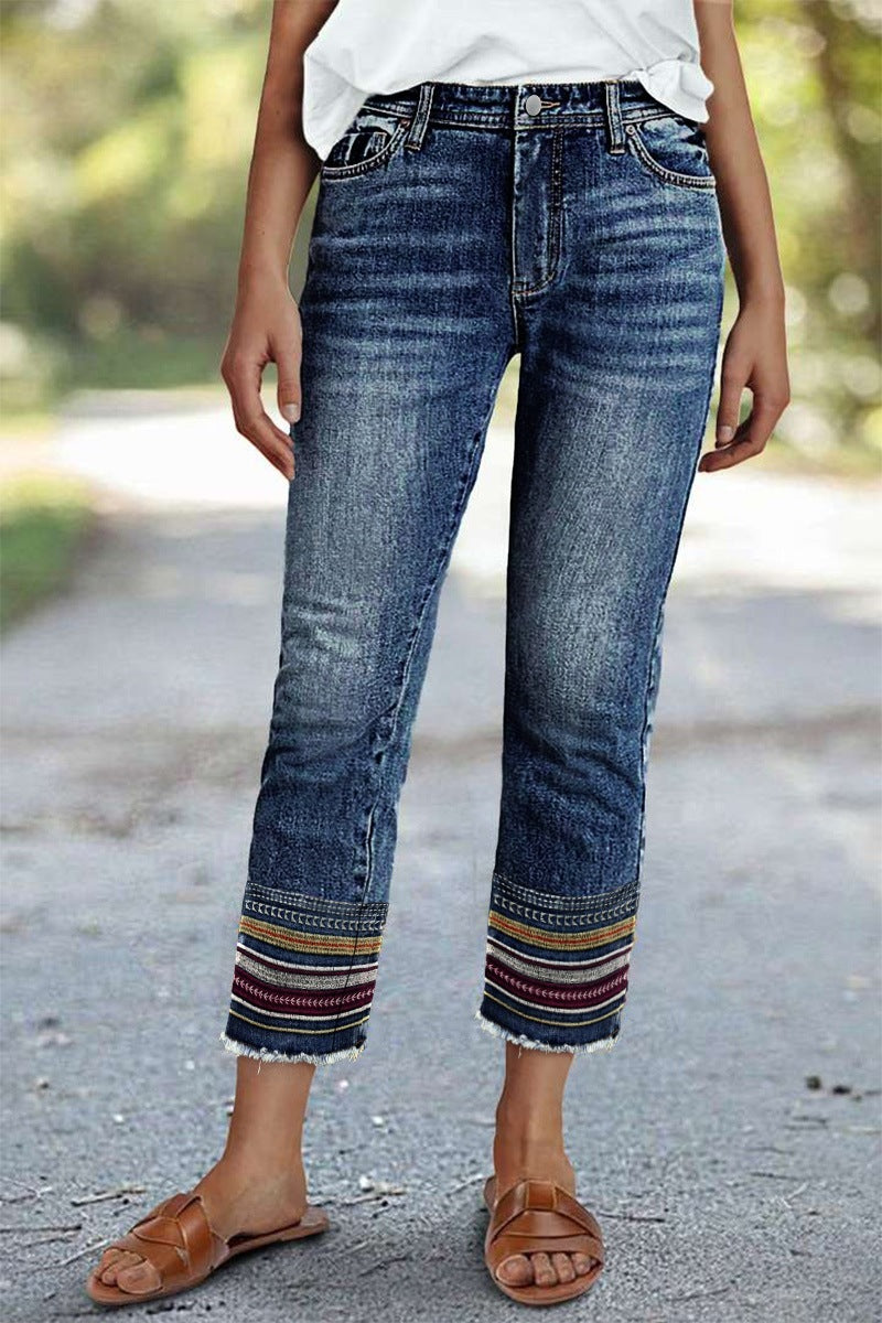 Raw Hem Embroidery Mid Waist Straight Leg Crop Jeans