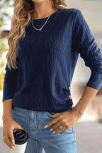 Textured Button Side Round Neck Long Sleeve T-Shirt