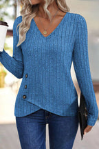 Rib Knit Asymmetrical Button Decor V Neck Long Sleeve T-Shirt