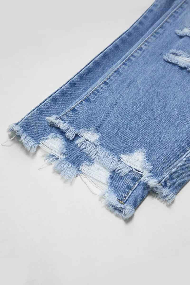 Wash Ripped Raw Hem Mid Rise Crop Jeans