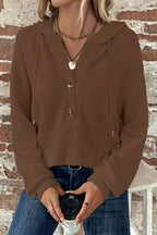 Waffle Knit Half Button Placket Drawstring Hooded Long Sleeve T-Shirt