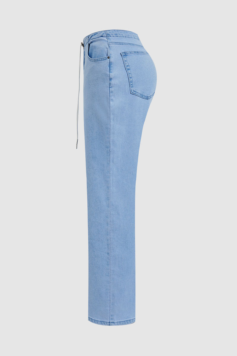 Drawstring Adjustable Mid Waist Straight Leg Jeans