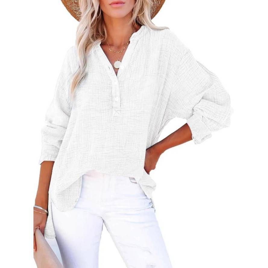 Womens Casual Button V Neck Long Sleeve Shirts Oversized Solid Blouses Tops