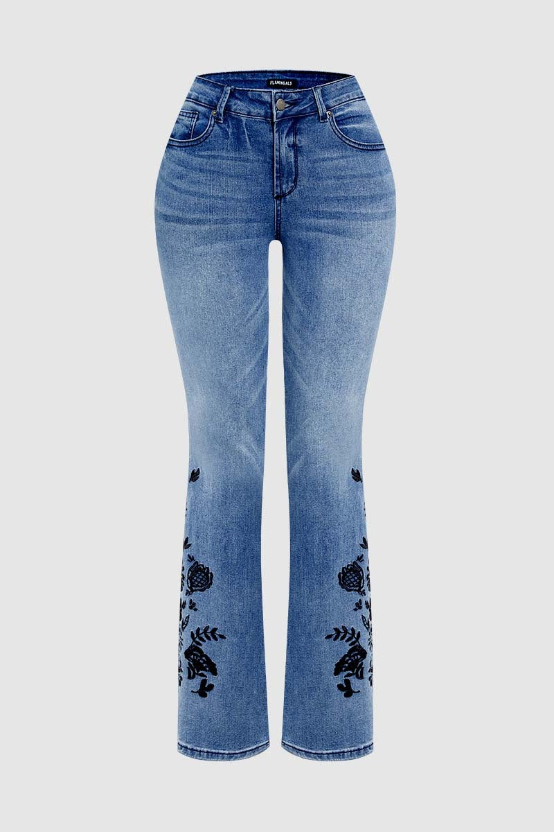 Floral Embroidery Wash Mid Waist Bootcut Jeans