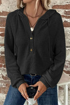 Waffle Knit Half Button Placket Drawstring Hooded Long Sleeve T-Shirt