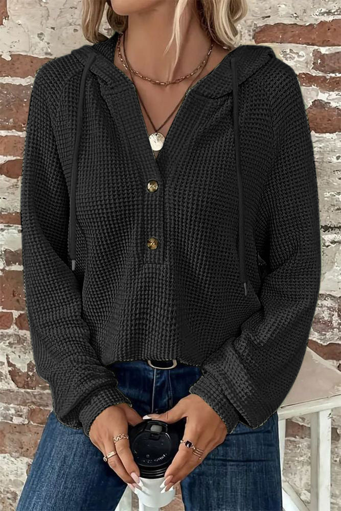 Waffle Knit Half Button Placket Drawstring Hooded Long Sleeve T-Shirt