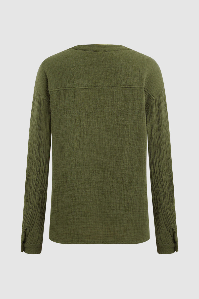 Solid Button Front High Neck Long Sleeve Blouse