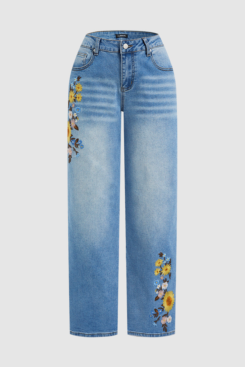 Wash Floral Embroidery Mid Rise Straight Leg Jeans