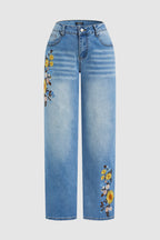 Wash Floral Embroidery Mid Rise Straight Leg Jeans