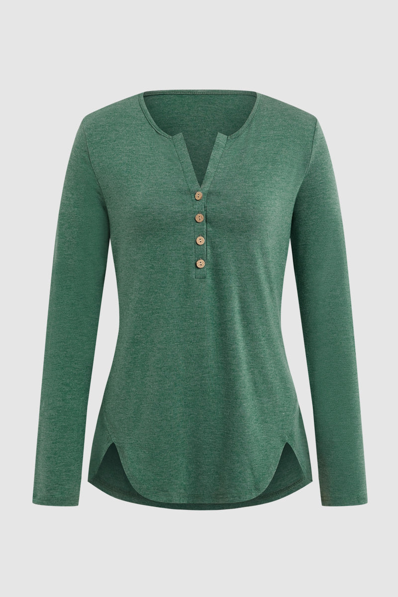 Button Front Scallop Hem Notched Neck Long Sleeve T-Shirt