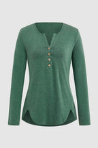 Button Front Scallop Hem Notched Neck Long Sleeve T-Shirt