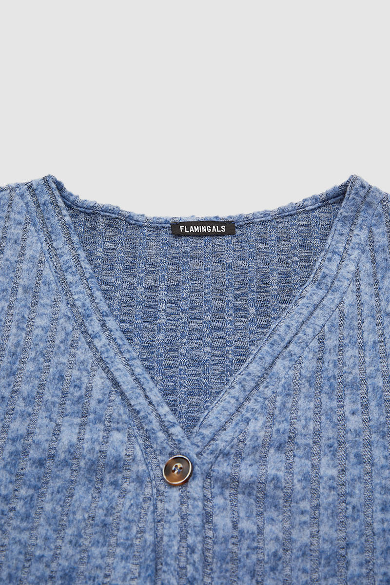 Solid Ribbed Split Side Button Up Long Sleeve Cardigan