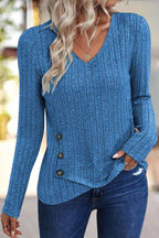 Rib Knit Asymmetrical Button Decor V Neck Long Sleeve T-Shirt