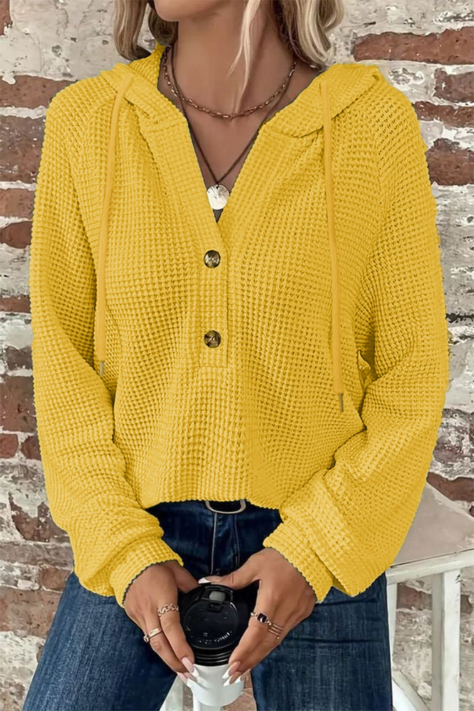 Waffle Knit Half Button Placket Drawstring Hooded Long Sleeve T-Shirt
