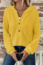 Waffle Knit Half Button Placket Drawstring Hooded Long Sleeve T-Shirt